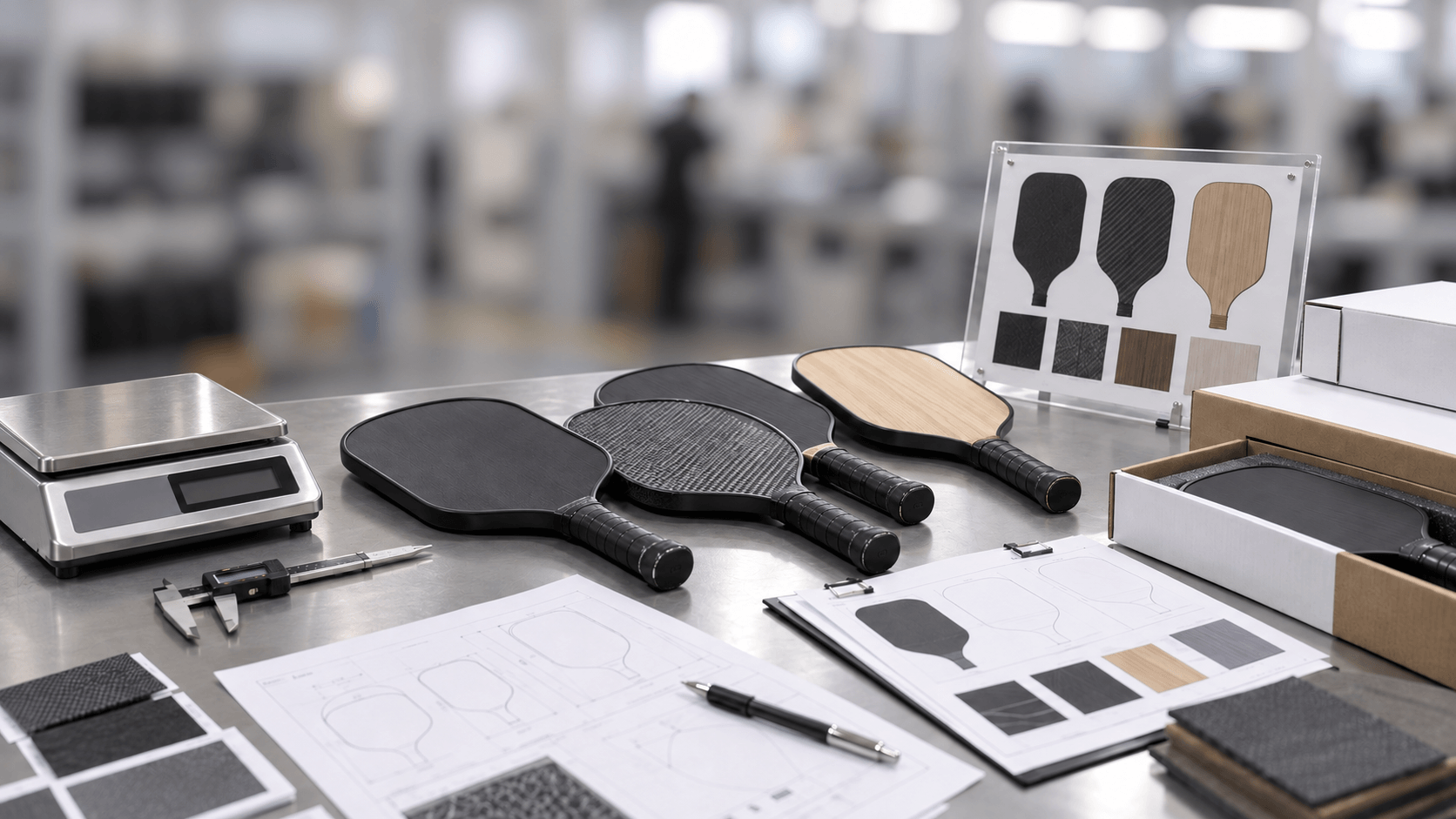 Pickleball paddle samples reviewed at an OEM quality control workstation
